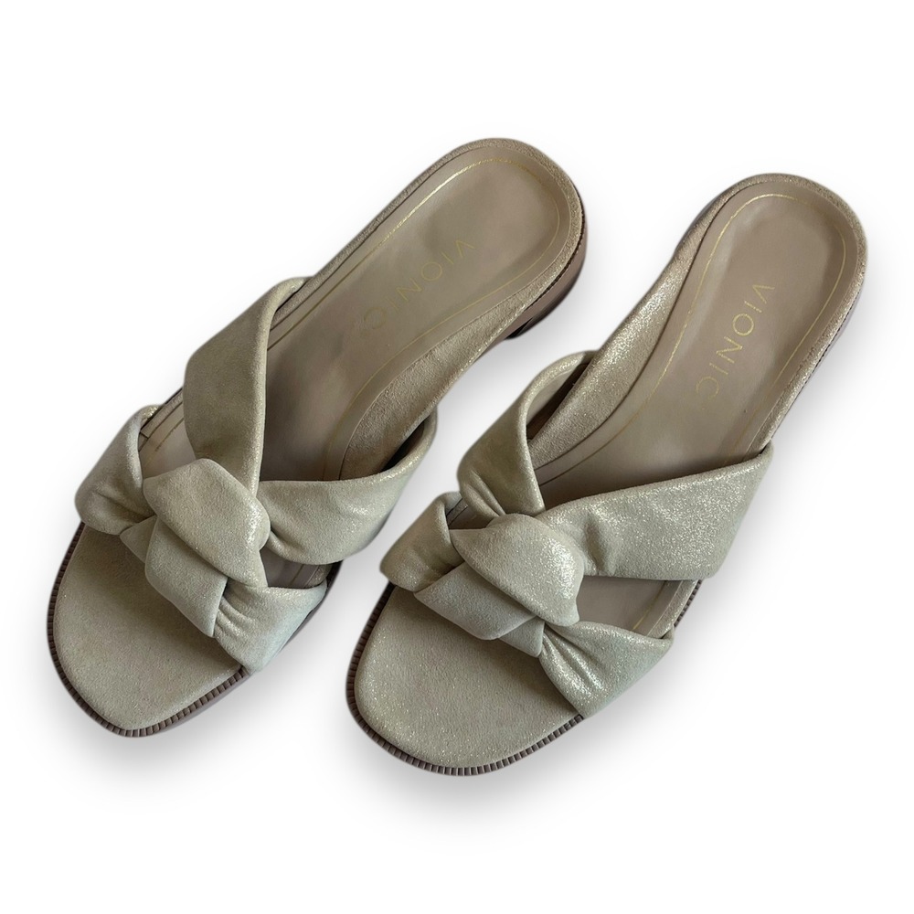 Vionic Mabel Slide Sandals Gold Champagne Metallic Shimmer Knotted Women Size 6